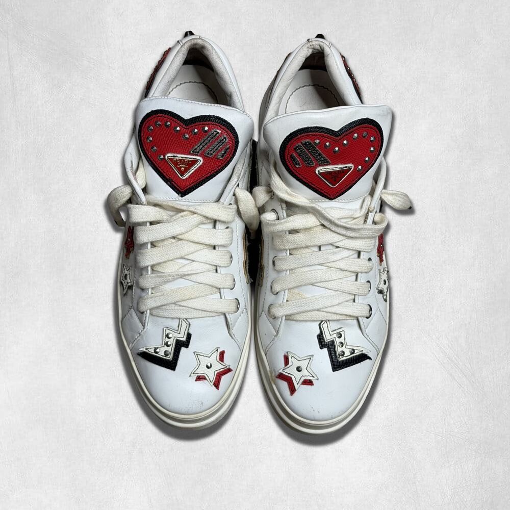 7W US (37) | Prada Robot Heart Patches White Leather Sneaker - Picture 6 of 10
